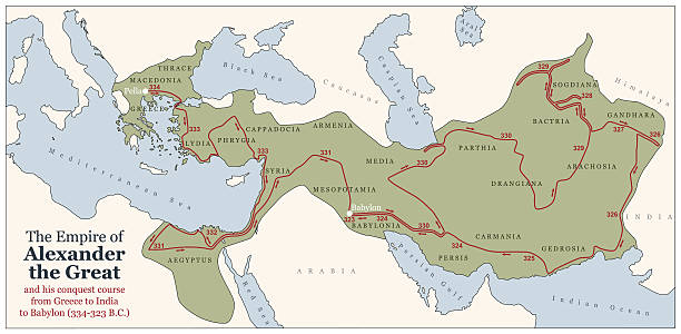 Alexander the Great Conquest Course Conquest course of Alexander the Great from Greece to India to Babylon in 334-323 B.C. with the most important provinces of his empire. Vector illustration. empire stock illustrations