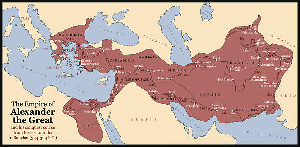 Alexander the Great Empire The Empire of Alexander the Great an his conquest course from Greece to India to Babylon in 334-323 B.C. with towns, provinces and year dates. Isolated vector illustration o black background. empire stock illustrations
