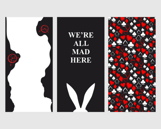 Alice in Wonderland. Set of card. Alice in Wonderland. Set of card. Playing card suits: worms, bubi, christen, peaks on white background. Seamless pattern. White rabbit and rabbit's hole . We are all mad here. Vector illustration bunny poker stock illustrations