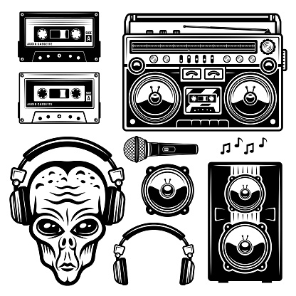 Alien in headphones and musical equipment set of vector objects or design elements isolated on white background