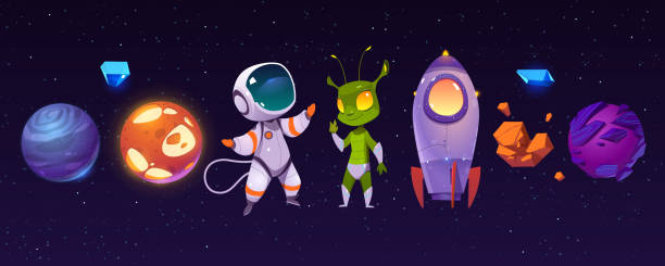 ilustrações de stock, clip art, desenhos animados e ícones de alien, planets, astronaut and rocket in cosmos - astronauta green