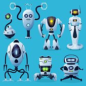 Alien robots, future droids and robotic life forms characters. Androids with humanoid hands and legs, claws and tentacles, house assistant with AI moving on wheel, alien fantasy cyborg or drone vector
