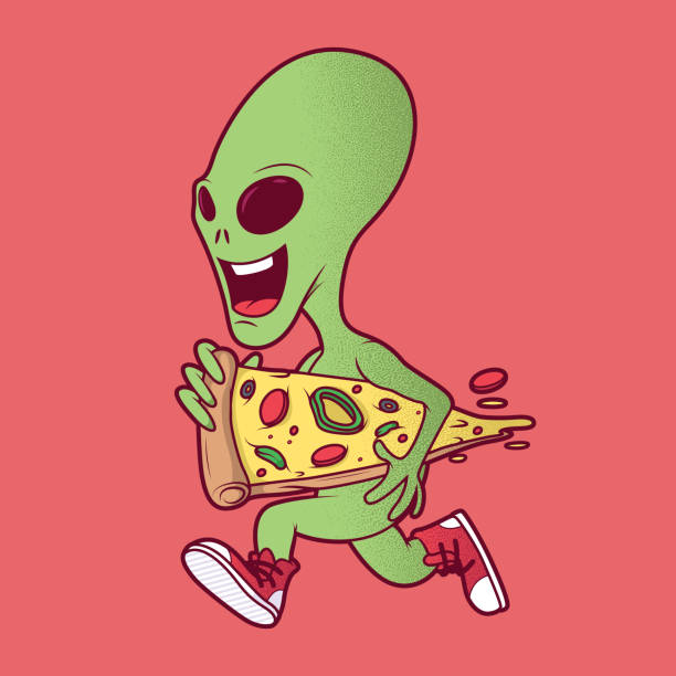 bildbanksillustrationer, clip art samt tecknat material och ikoner med alien kör med en pizza vektor illustration. - bisarr