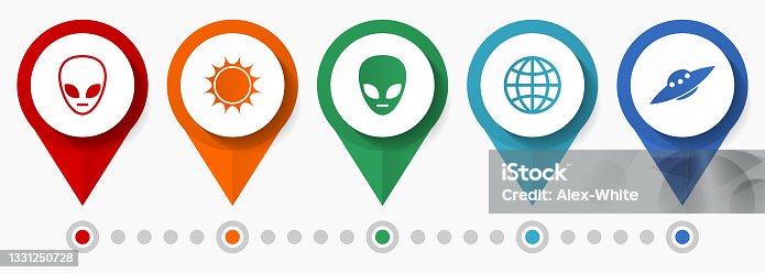 istock Alien, ufo, extraterrestrial concept vector icon set, flat design pointers, infographic template 1331250728