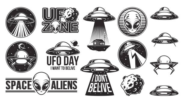 외계인 로고 큰 세트. ufo 의 날. 유성, 소행성. 우주선과 납치 배지. 문명 연구 라벨. 벡터 그림입니다. - ufo stock illustrations