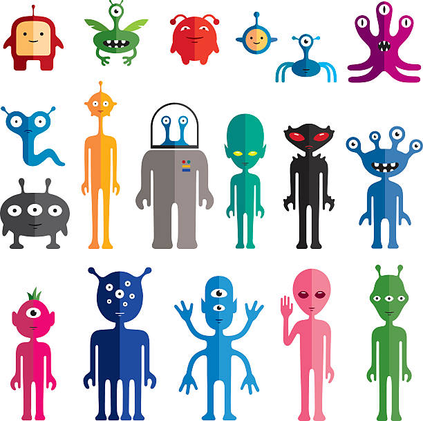 Aliens Set of vector alien characters in flat style. monster fictional character stock illustrations