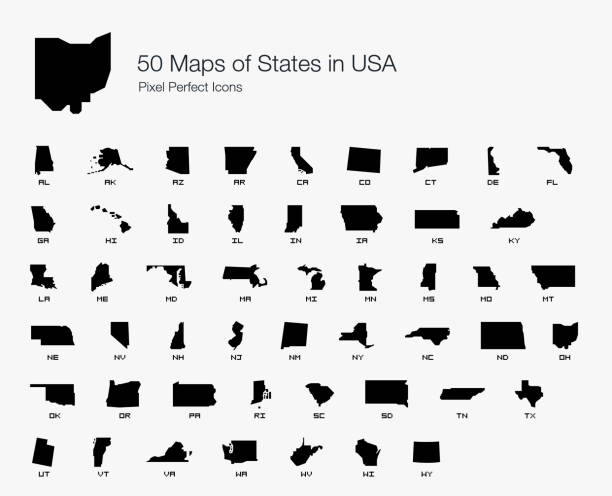 ilustraciones, imágenes clip art, dibujos animados e iconos de stock de todos 50 estados unidos mapa pixel perfect iconos - michigan iowa