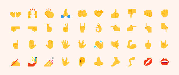 모든 손 이모티콘 벡터 아이콘 세트입니다. 모든 손 제스처, 악수, 이두근, 주먹, 방향, 같은, 달리, 손가락, 쿵, 아래로 스티커, 이모티콘 컬렉션 - emoji stock illustrations