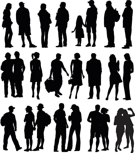 All Kinds Of People Silhouettes A vector silhouette illustration of three lines of people, mostly adults, including young adults, mature adults, young couple, friends, workers, and a child. selfie silhouettes stock illustrations