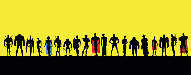 All Male Superheroes Silhouette A vector illustration of a league of male superheroes in silhouette. Easy to grab and edit. Space available for your copy/text. AICS5 file included. robot silhouettes stock illustrations