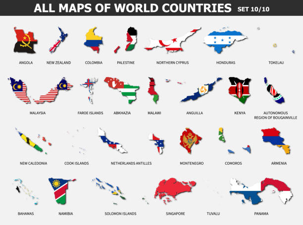 dünya ülkelerinin ve bayrakların tüm haritaları. set 10 10 ( komple ) . gölge ile uluslararası ülke haritasının anahat şekli koleksiyonu . düz tasarım . vektör. - comoros stock illustrations