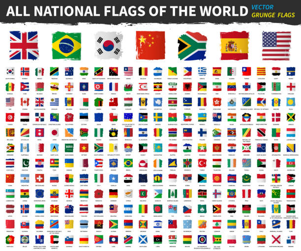 世界のすべての国旗.グランジ正方形の水彩画の旗のデザイン.白い孤立した背景.要素ベクトル : - 国旗点のイラスト素材／クリップアート素材／マンガ素材／アイコン素材