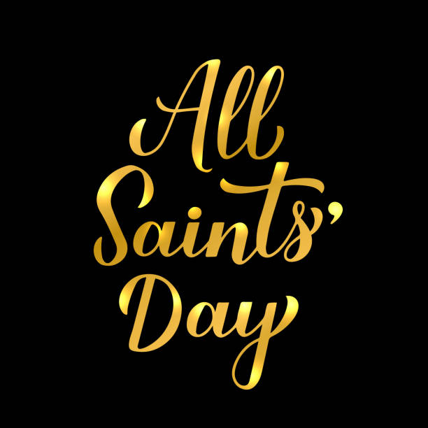 All Saints Day calligraphy hand lettering isolated on black background. Vector template for typography poster, card, banner, flyer, sticker, etc All Saints Day calligraphy hand lettering isolated on black background. Vector template for typography poster, card, banner, flyer, sticker, etc. saints stock illustrations