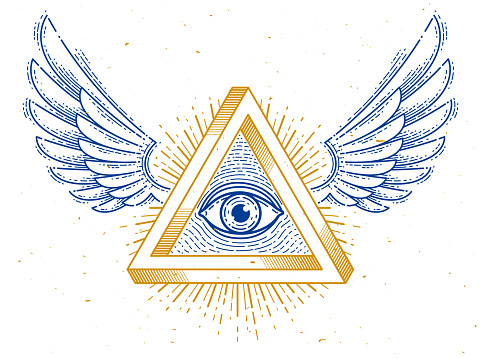 All seeing eye of god in sacred geometry triangle with bird wings of falcon or angel, masonry and illuminati symbol, vector emblem design element.