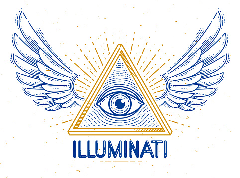 All seeing eye of god in sacred geometry triangle with bird wings of falcon or angel, masonry and illuminati symbol, vector logo or emblem design element.