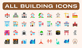 All type of Buildings, Architecture Examples Vector Illustrations Icons Set. Residential Buildings, Castle, Mosque, Church, School, Office, Hospital, Hotel, Post, Grocery, Skyscrapers, Famous Landmarks, Urban Objects Isolated Flat Symbols Collection.