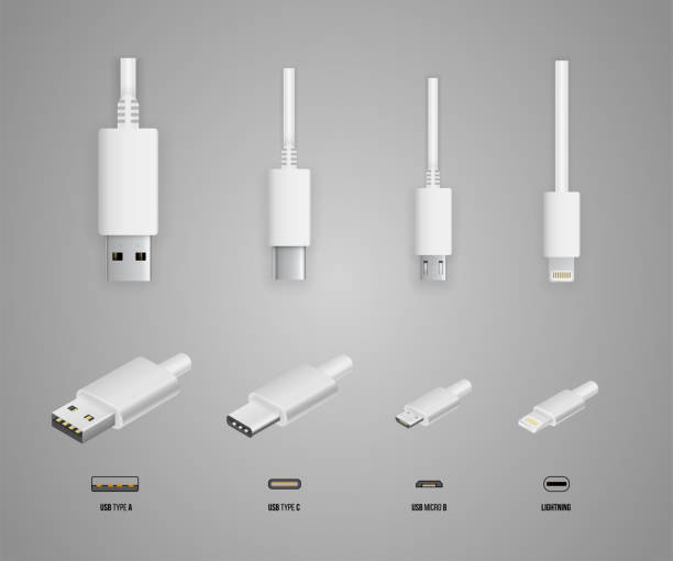 USB all type Top and perspective 3D view Vector white colored USB standart type A and type C plugs, micro, lightning, universal computer cable connectors, vector illustration usb cable stock illustrations