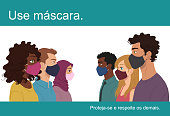 Side view of multi-ethnic group of people wearing masks facing the global pandemic