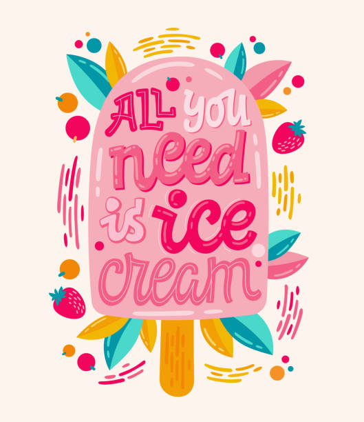 All you need is ice cream - Colorfull illustration with ice cream lettering for decoration design. Ice cream cone shape design with a strawberry and leaves decor. All you need is ice cream - Colorfull illustration with ice cream lettering for decoration design. Ice cream cone shape design with a strawberry and leaves decor. Food concept. Sweet food. ice cream stock illustrations