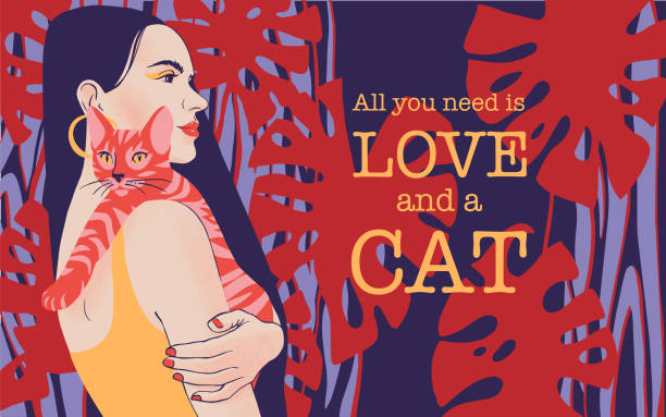 必要なのは愛と猫です。猫を抱いた女性とのインスピレーションの引用カード。 - 30代点のイラスト素材／クリップアート素材／マンガ素材／アイコン素材
