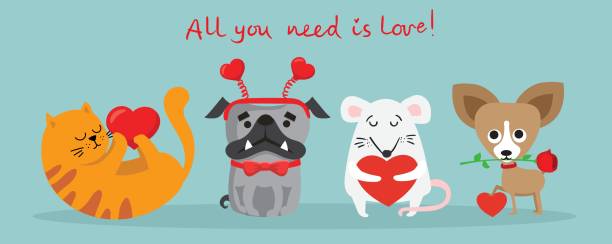 All you need is love Vector illustration card with cute cartoon little Valentine cats, dogs, rats in love and funny greeting text Happy Valentine's Day international dog day stock illustrations