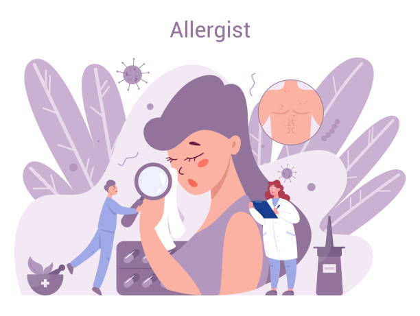Allergology concept. Disease with allergy symptom, medical allergist Allergology concept. Disease with allergy symptom, medical allergist treatment. Care for health. Vector illustration in flat style antihistamine stock illustrations
