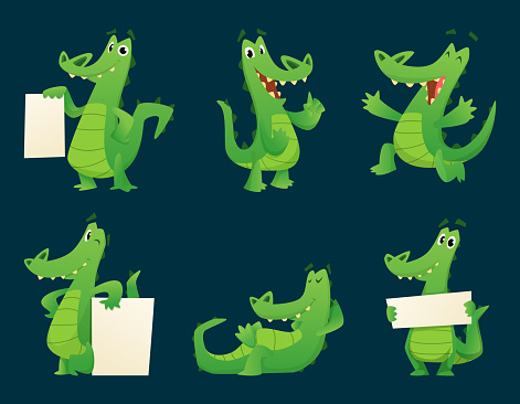 Alligator characters. Wildlife crocodile amphibian reptile animal cartoon mascot poses vector illustration set