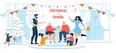 All-In-The-Family Xmas Celebration. Three Generations in Decorated Home Living Room Exchange Gifts. Flat Greeting Poster with Festive Lettering. Winter Holidays Together. Vector Illustration
