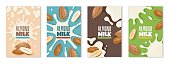 Almond milk. Dairies package design template, diet product advertising, protein milk healthy breakfast food, calcium drink vector label set