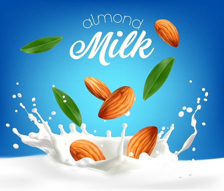 Almond milk drink, nuts, cream and dairy splash