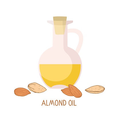 Almond oil in glass bottles and almond nut. Organic health care products. Healthy nutrition product. For cosmetics, spa and massage, for cooking cartoon style isolated on white