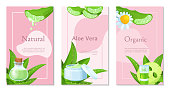 Aloe vera cosmetics poster, vertical banner template on pink background for cosmetic natural beauty product. Vector illustration. Organic skin care treatment. Face mask, bottle and cream in tube.