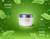 Aloe vera cream on green background with refreshing succulent leaves realistic 3d illustration.