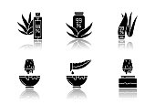 Aloe vera drop shadow black glyph icons set. Medicinal herbs juice. Healing liquid from plants. Natural cosmetic products for skincare. Leaf, sprout. Isolated vector illustrations on white space