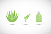 Aloe vera gel vector flat icons set, Flat design of medicine, cosmetology and skin care with round shadows, cute vector illustration
