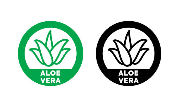 алоэ вера зеленый лист этикетки для натуральных органических продуктов пакет. изолированные алоэ вера лист круг значок знак для косметиче� - aloe vera stock illustrations