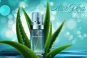 Aloe vera skin serum cosmetics advertising banner vector template. Organic moisturizer, natural beauty product container realistic illustration on blue background. Cosmetic product concept