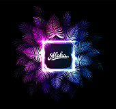 istock Aloha Hawaii vector background. Dark tropical summer party design with palm leaves, neon rectangle, aloha text. Hawaiian party. Exotic cyberpunk illustration for beach nightclub or dance club. 1191874270