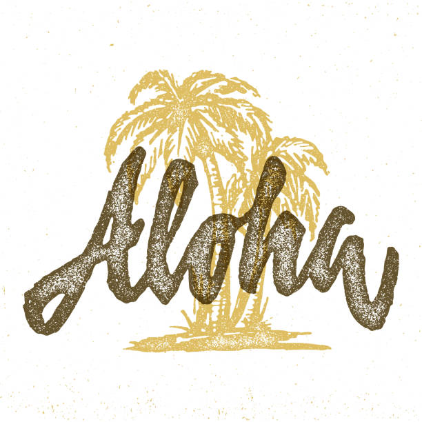 stockillustraties, clipart, cartoons en iconen met aloha hawaiiaanse handgemaakte tropische exotische t shirt grafisch ontwerp - strandbordjes