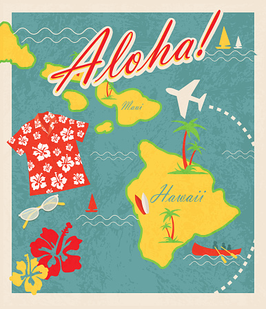 Retro Hawaiian Luau invitation design template. Includes sample text design. Includes maps of Hawaii islands including Maui. Cute travel and destination theme with Hawaiian shirt, sunglases, hibiscus, canoe, sailboat, palm trees and waves and airplane. Easy to edit with layers.