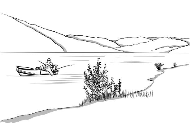 Alone Fishing On The Boat Peaceful scenery with a fishing boat on the lake and hills in the background. Vector illustration water clipart stock illustrations