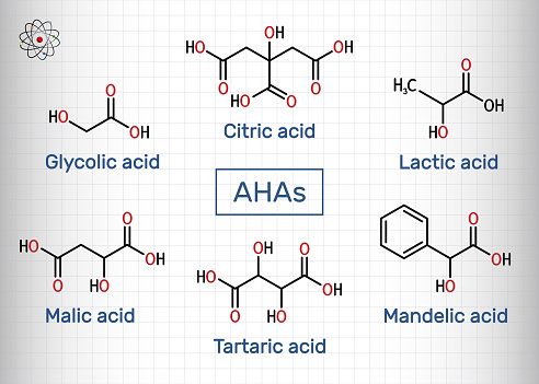 Alpha hydroxy acids, AHA. Glycolic C2H4O3, lactic C3H6O3, malic C4H6O5, tartaric C4H6O6, citric C6H8O7, mandelic acid C8H8O3 molecule. Sheet of paper in a cage