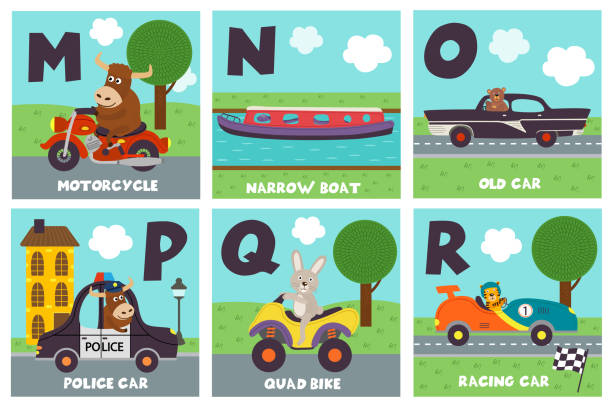 alphabet-karte mit transport- und tiere m bis r - motorrad fluss stock-grafiken, -clipart, -cartoons und -symbole