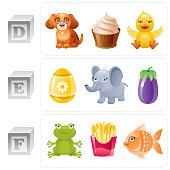 ABC icon set contain 3 baby blocks with letters D, E, F and 3 objects for every letter in cartoon style. Letter D: dog, dessert, duck. Letter E: egg, elephant, eggplant. Letter F: frog, french free, fish. ZIP contains AI 10, CDR 11, JPG.