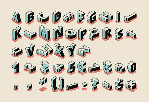 Alphabet letters, digits, symbols isometric vector