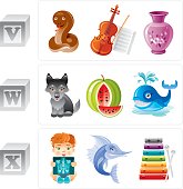 ABC icon set contains 3 baby blocks with letters V, W, X and 3 objects for every letter in cartoon style. Letter V: viper, violin, vase. Letter W: wolf, watermelon, whale. Letter X: x-rays, xiphias, xylophone. 