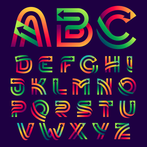 Alphabet letters with arrows inside. Vector bright colours typeface for delivery labels, business headlines, finance posters, sport cards etc. capital letter stock illustrations