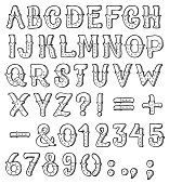 Alphabet, numbers and symbols font. Vector doodle set.