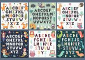 Alphabets collection with cute characters. Wall Art for kids. Vector illustration