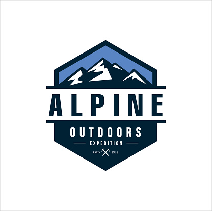 Alpine Mountain Adventure Outdoor Design Vector Illustration, Hiking, Camping, Expedition And Outdoor Adventure. Exploring Nature Icon Style Template Banner Emblem